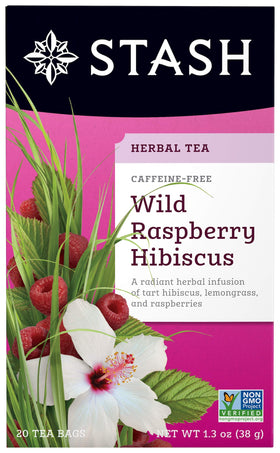 Stash Tea Wild Raspberry Hibiscus tea bags, fragrant herbal blend for daily refreshment