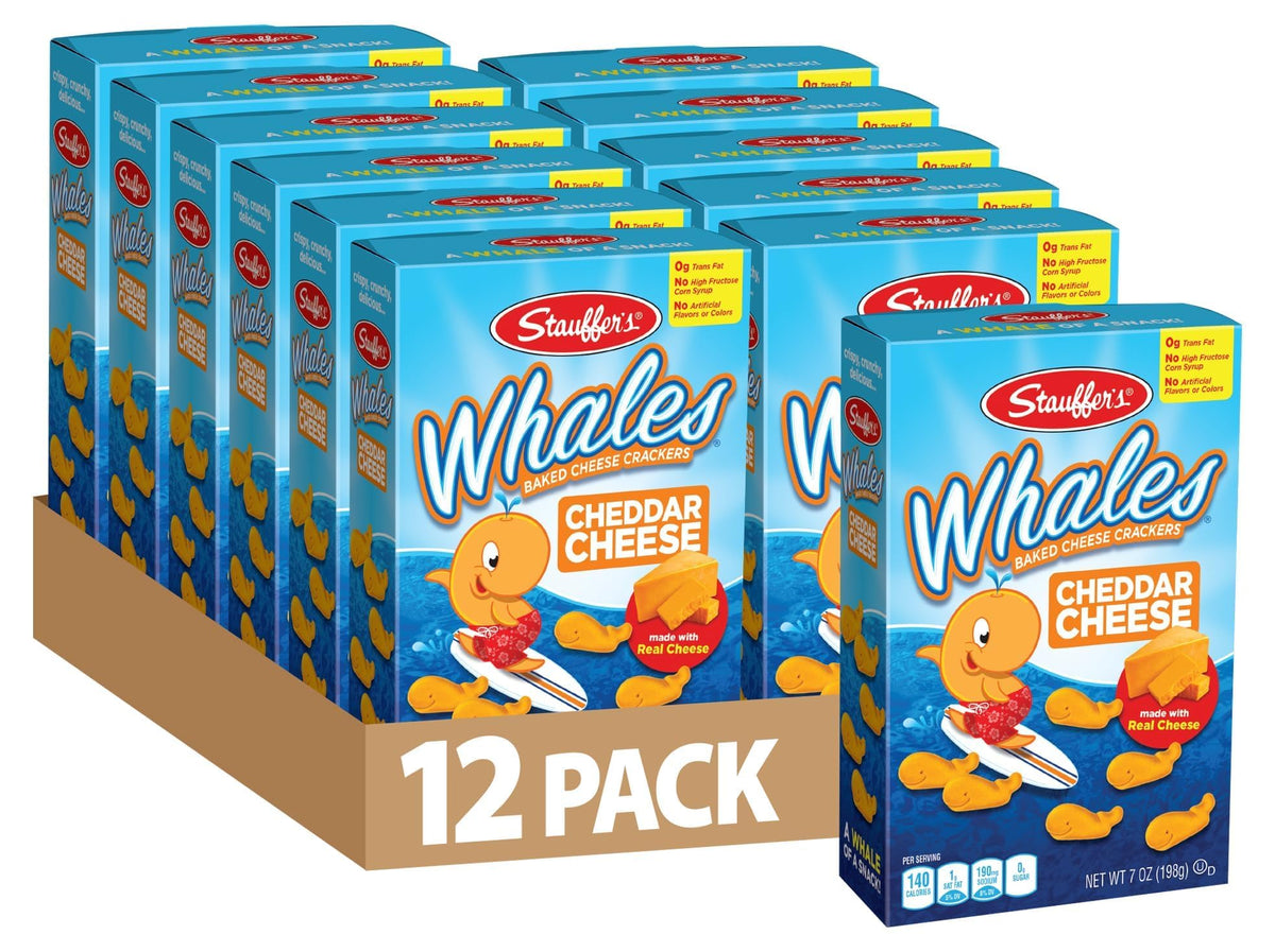 WHALES Stauffer's baked cheddar crackers pack shown in lunchboxes.
