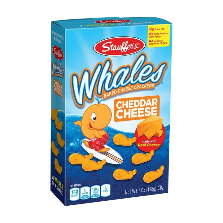 WHALES Stauffer's whale-shaped crackers close-up highlighting cheddar crunch.