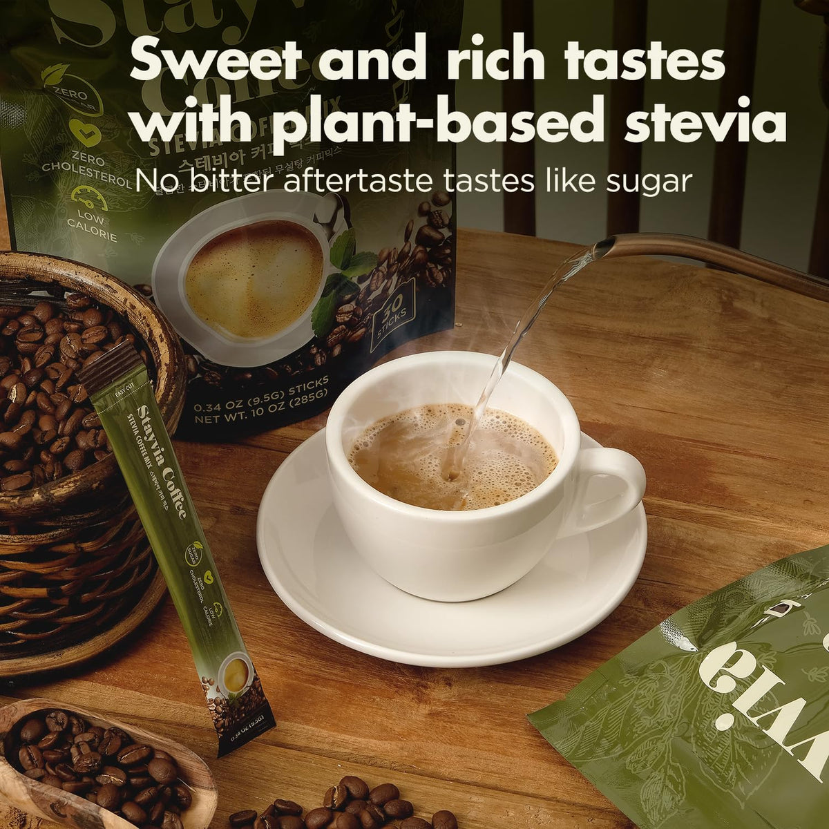 STAYVIA COFFEE iced latte setup highlights low calories and refreshment