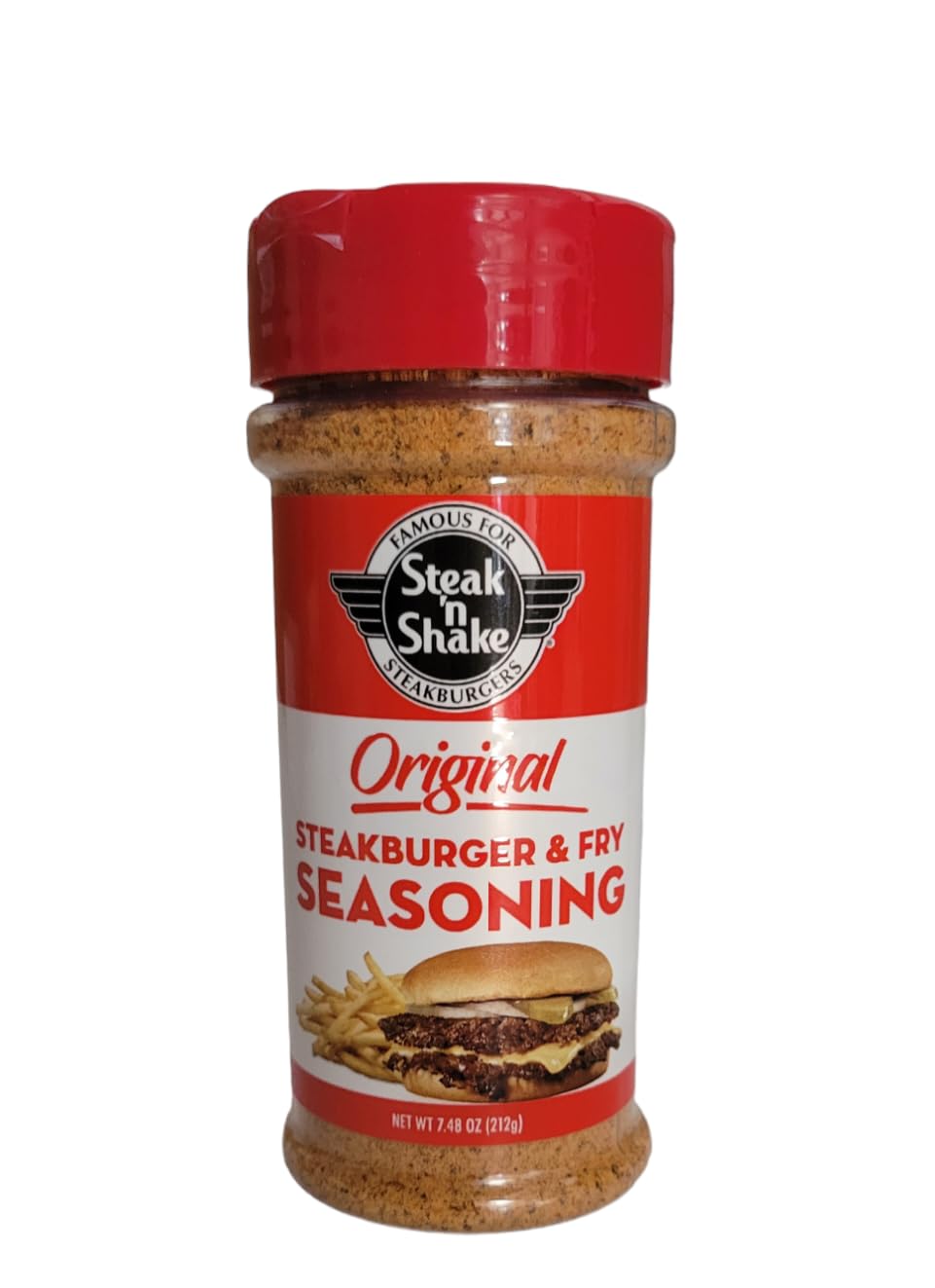 Steak 'n Shake Fry N Steakburger Seasoning bottle pouring for juicy burgers