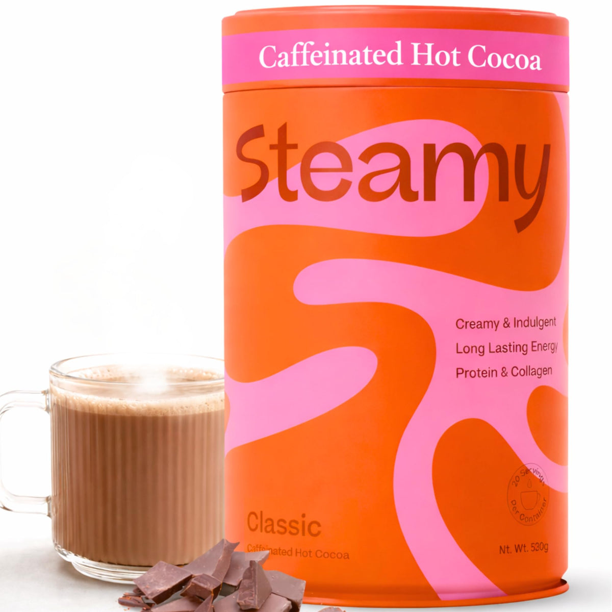Steamy caffeinated hot chocolate energy front label signaling steady morning energy.