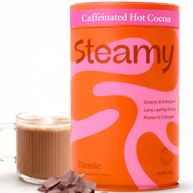 Steamy caffeinated hot chocolate energy front label signaling steady morning energy.