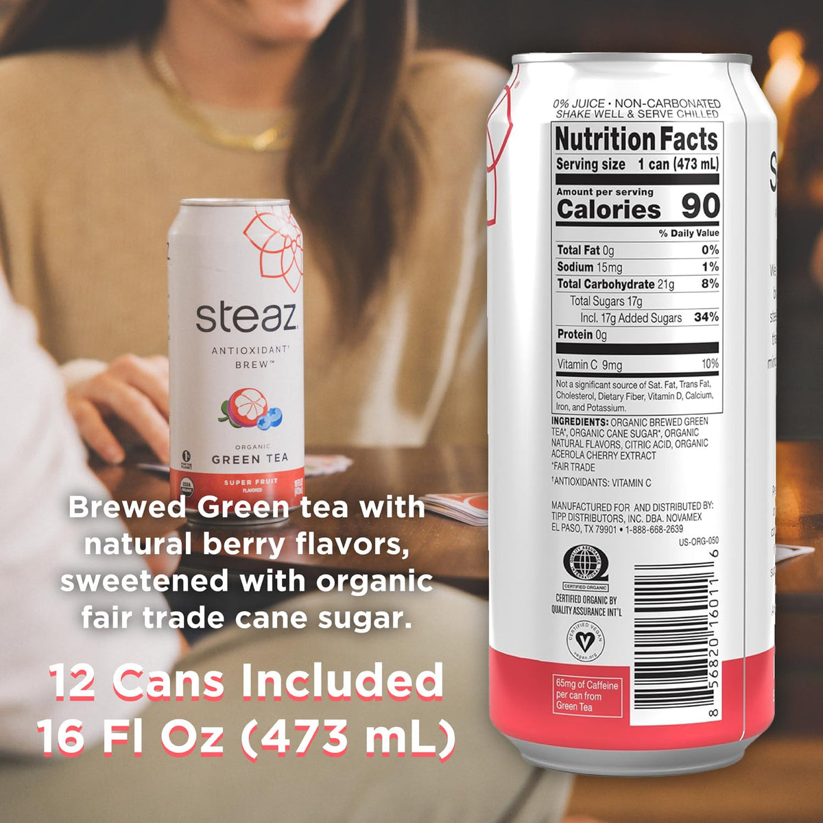 Steaz can label highlights 65 mg caffeine for a natural energy boost.