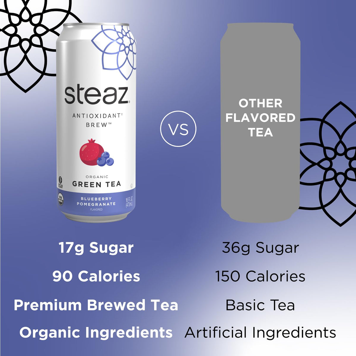 Steaz 90 calories iced tea can displayed with glass and ice, refreshing and light.