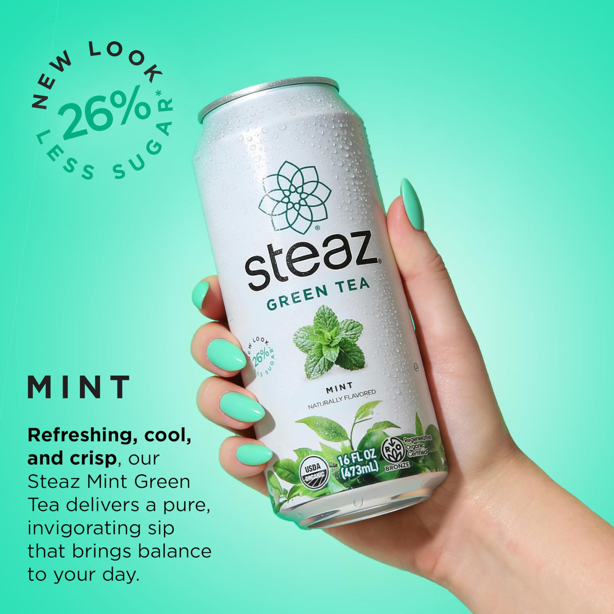 Steaz Green Tea Mint being poured into a glass with mint aroma.