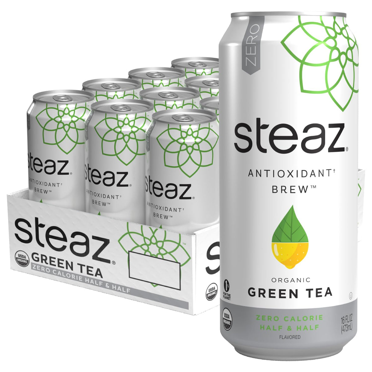 Steaz Green Tea Zero Cal Half and Half can front view for zero calorie refreshment