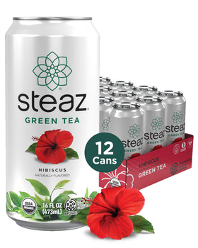 Steaz Hibiscus Green Tea can close-up with emphasis on caffeine and vitamin C