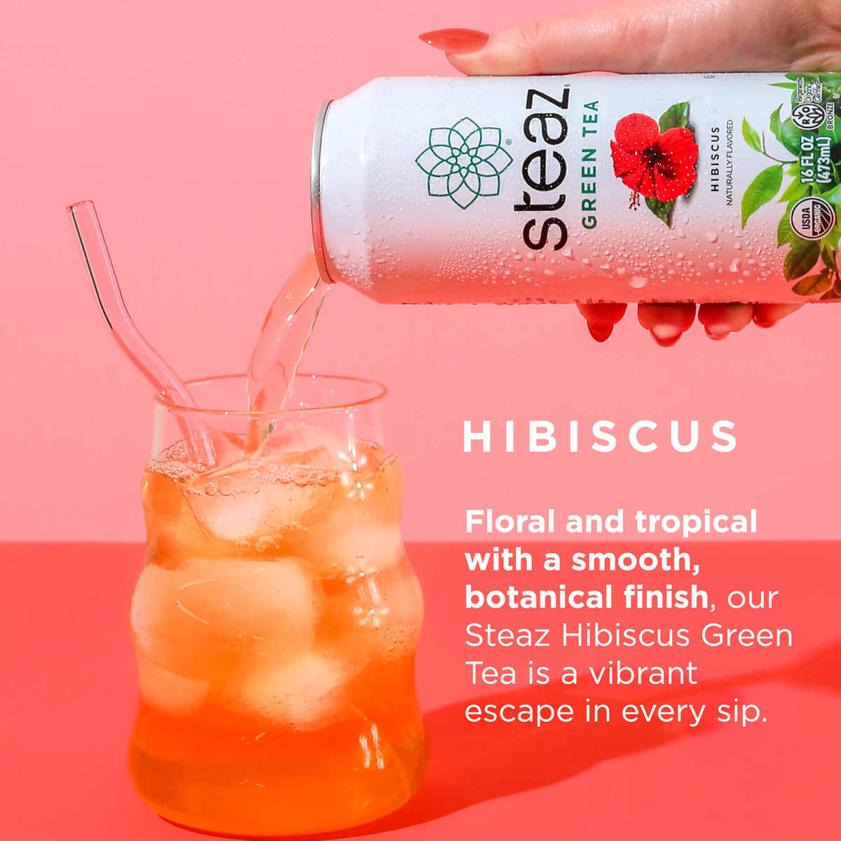 Steaz Hibiscus Green Tea label showcasing organic and regenerative certification