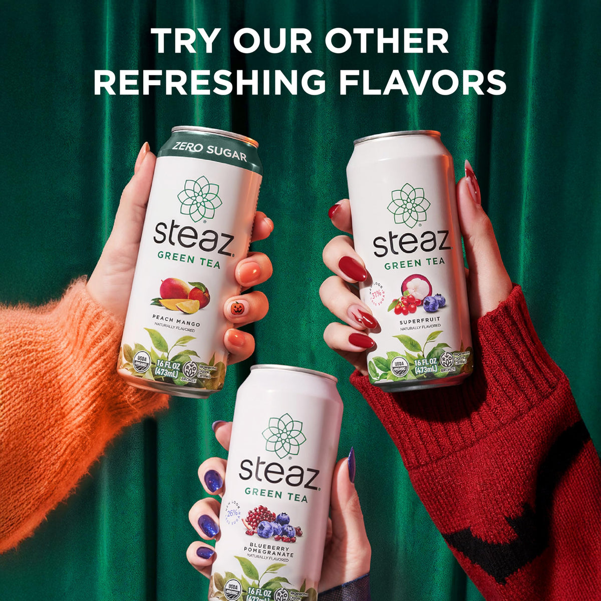 Steaz natural caffeine boost can, offering a mild energy lift for the afternoon.
