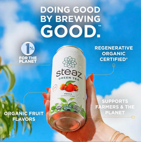 Steaz Organic Green Tea label on bottle emphasizing organic ingredients and regenerative sourcing.