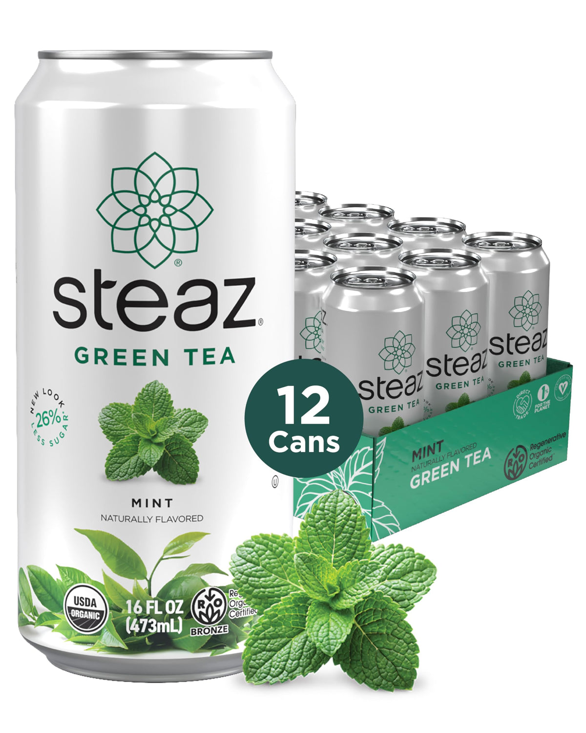 Steaz Organic Green Tea Mint can displaying a refreshing, naturally caffeinated beverage.
