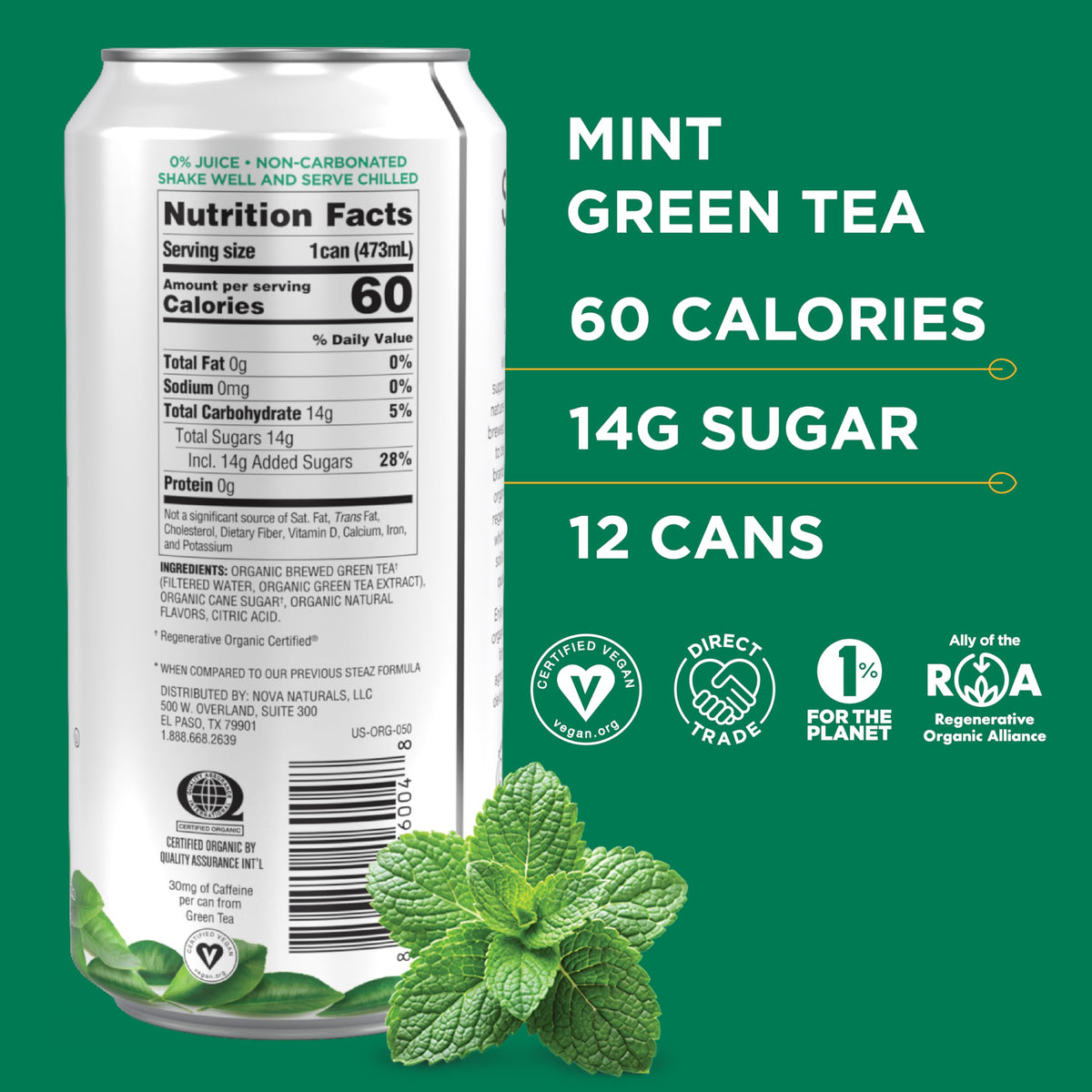 Steaz Organic Green Tea Mint label closeup highlighting mint flavor and fair trade cane sugar.