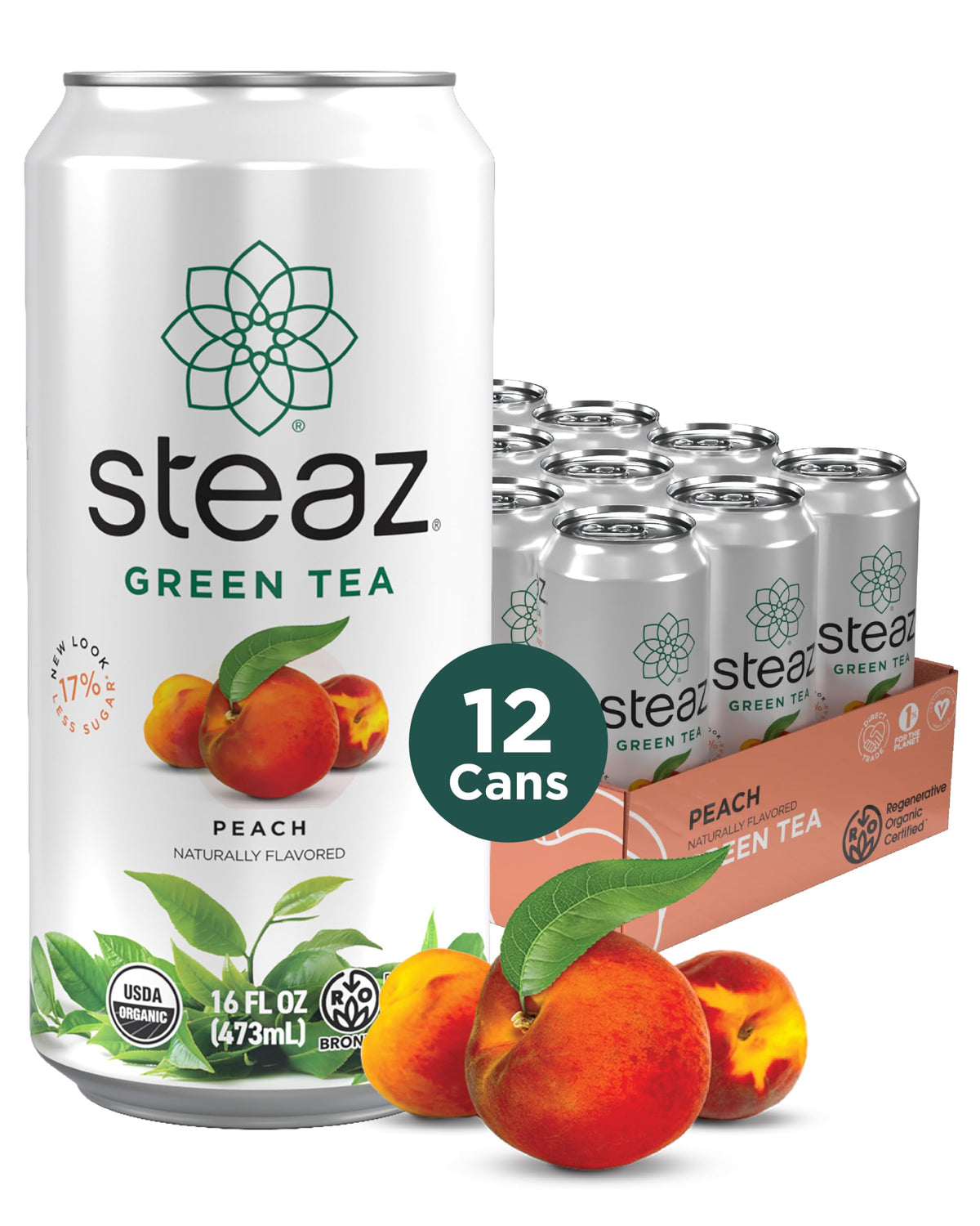 Steaz Organic Green Tea Peach can front with vibrant peach aroma.
