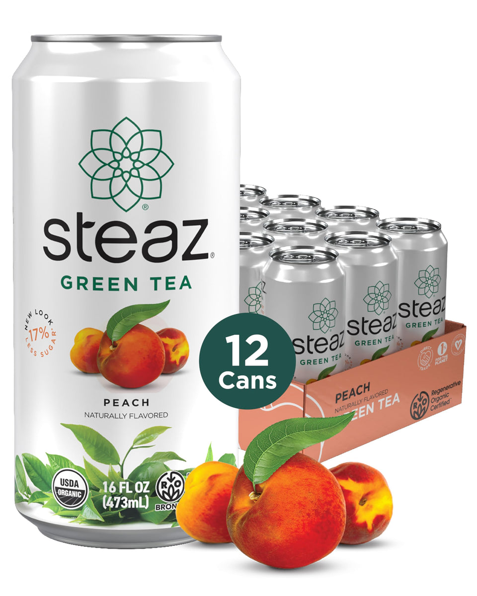 Steaz Organic Green Tea Peach can front with vibrant peach aroma.