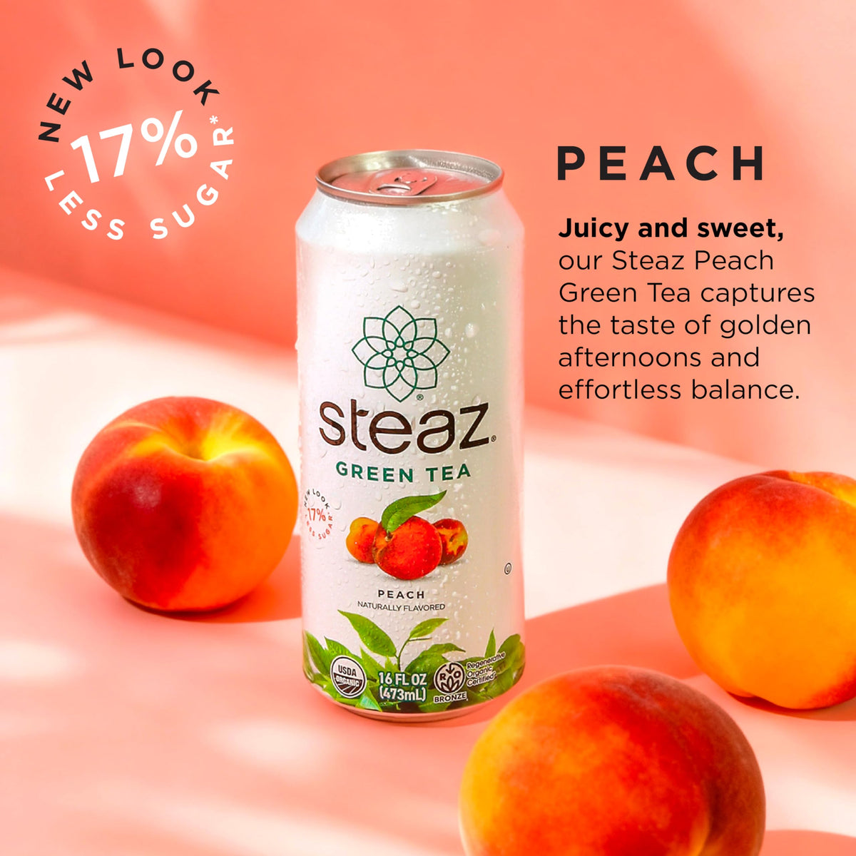 Steaz can showing nutrition facts: 65 mg caffeine and 90 calories.