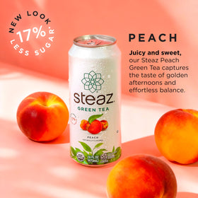 Steaz can showing nutrition facts: 65 mg caffeine and 90 calories.