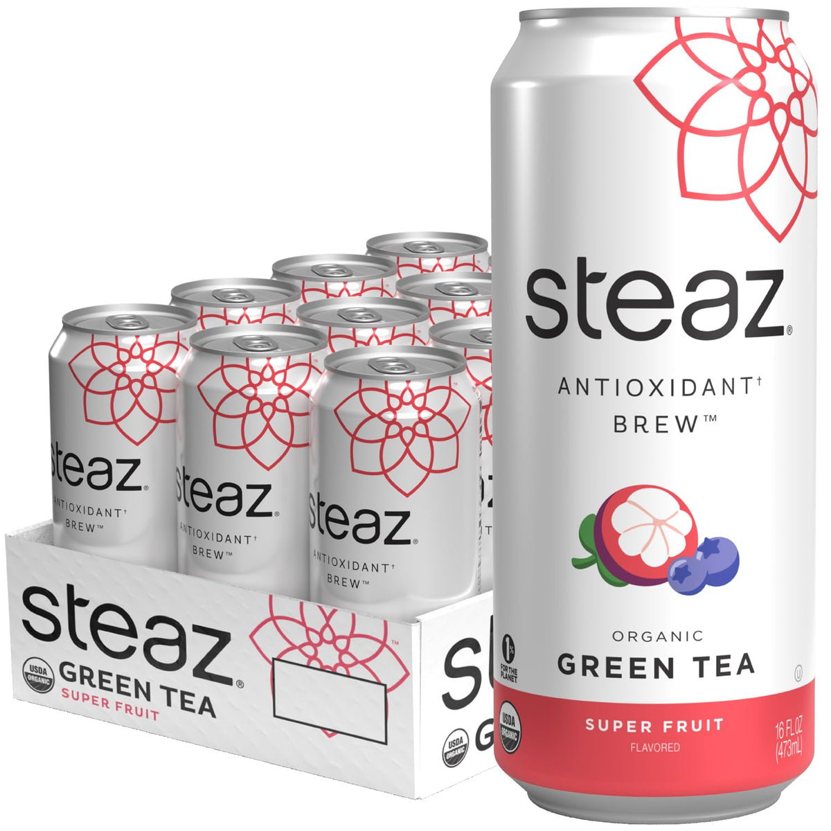 Steaz Organic Green Tea Superfruit front can shows natural berry flavors and antioxidant notes.