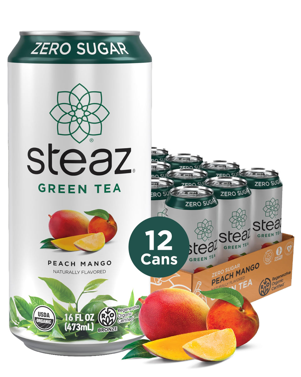 Steaz Peach Mango Green Tea can with vibrant label showing zero calories and organic ingredients for a refreshing break.