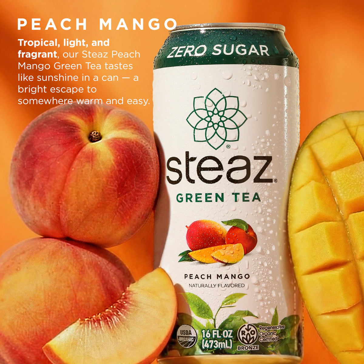 Close-up of Steaz Peach Mango Green Tea pack shot highlighting flavor and packaging.