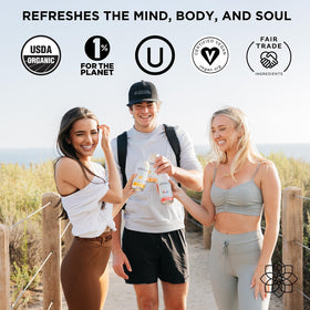 Steaz packaging emphasizing planet-friendly steps and 1% for the Planet support.
