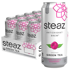 Steaz Raspberry Green Tea can on ice, zero-calorie refreshment with natural caffeine.