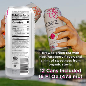Steaz Raspberry Green Tea can with label highlights fair trade and vegan certification.
