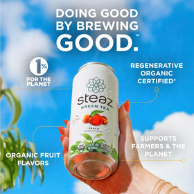 Steaz regenerative organic certified logo emphasizing sustainable farming and ethical sourcing.