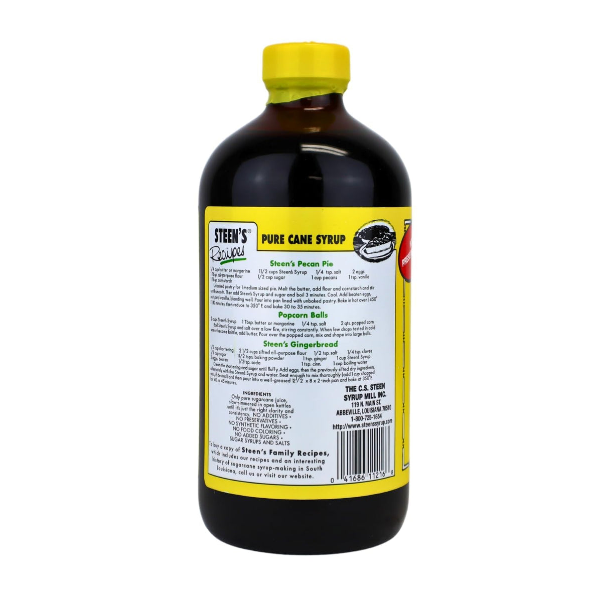 Close-up of Steen's Cane Syrup label showing pure, additive-free goodness.