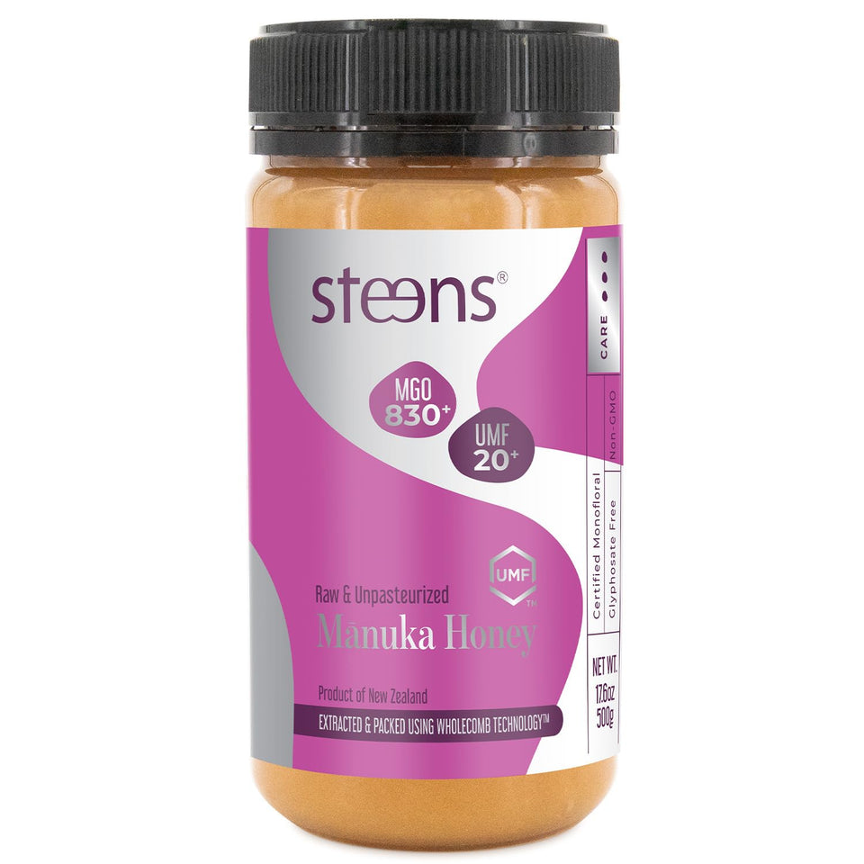 Steens Manuka Honey bottle close-up reveals rich amber color for daily drizzle.
