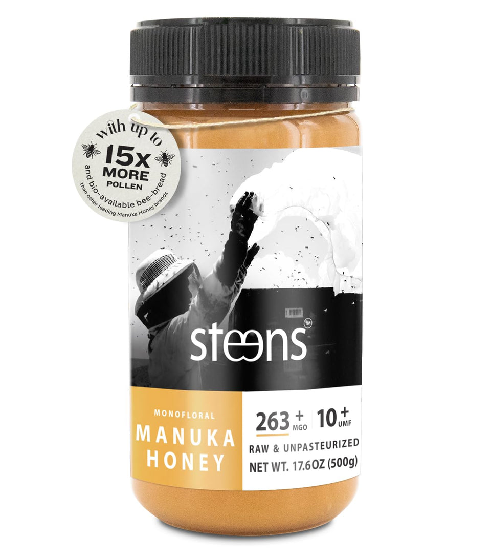 Steens Manuka honey bottle label with UMF seal, ideal for tea