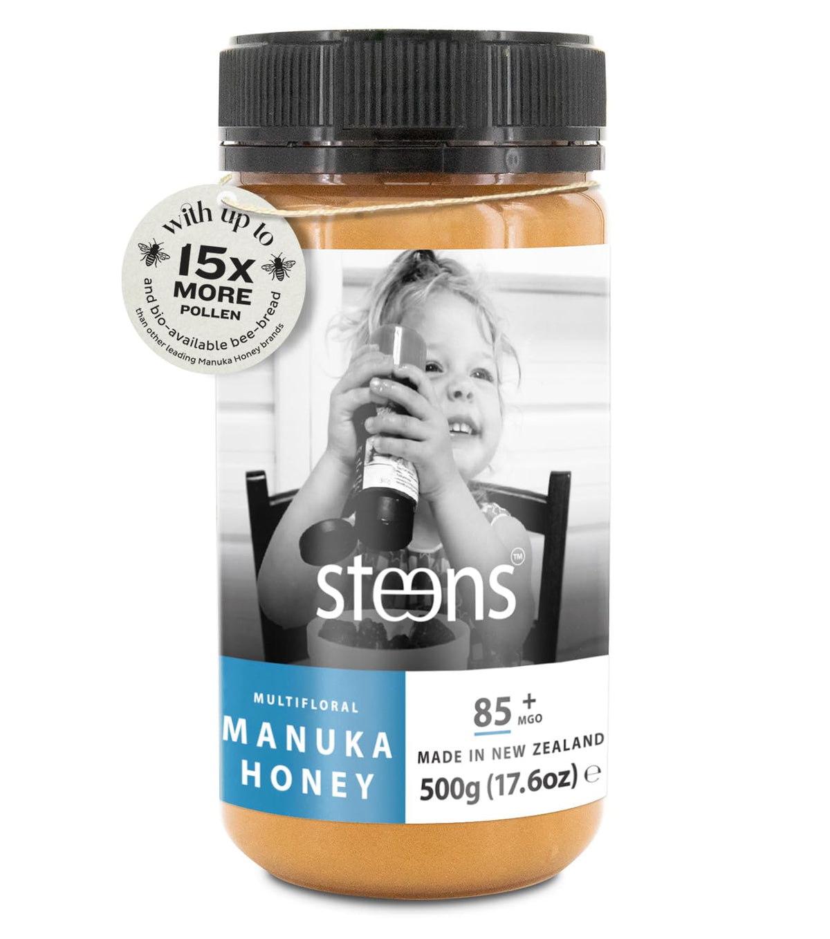 Steens Manuka Honey MGO 85+ bottle highlighting pure New Zealand honey.