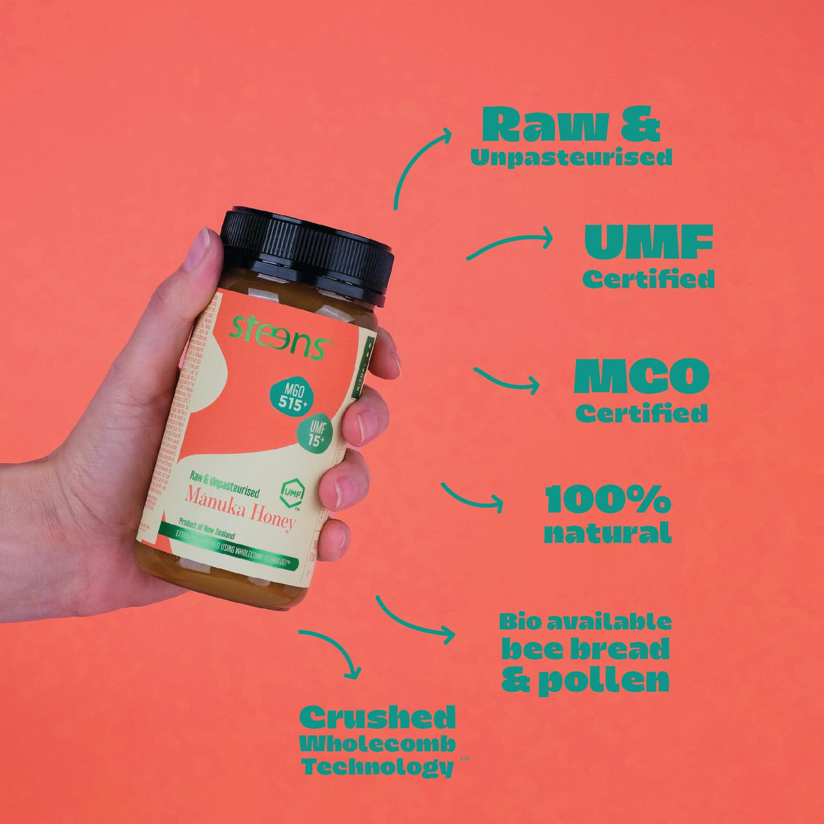Steens Manuka Honey bottle on counter shows convenient size for everyday use.