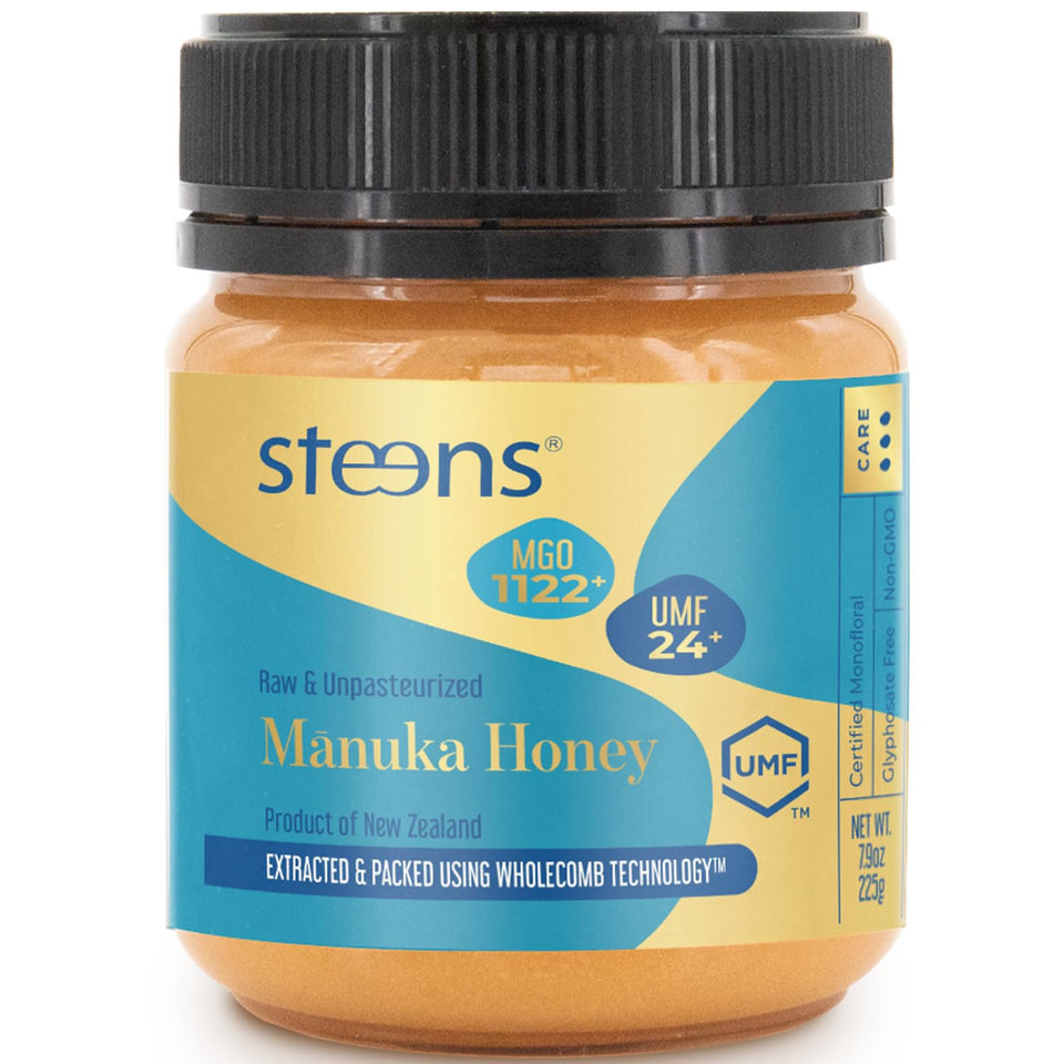 Steens Manuka Honey jar closeup, premium raw sweetness for everyday use.