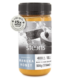 Steens Manuka Honey bottle shows MGO 400+ purity and rich flavor