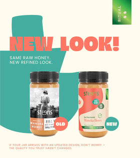 Steens Manuka Honey on spoon with warm lighting suggests versatile kitchen sweetness.
