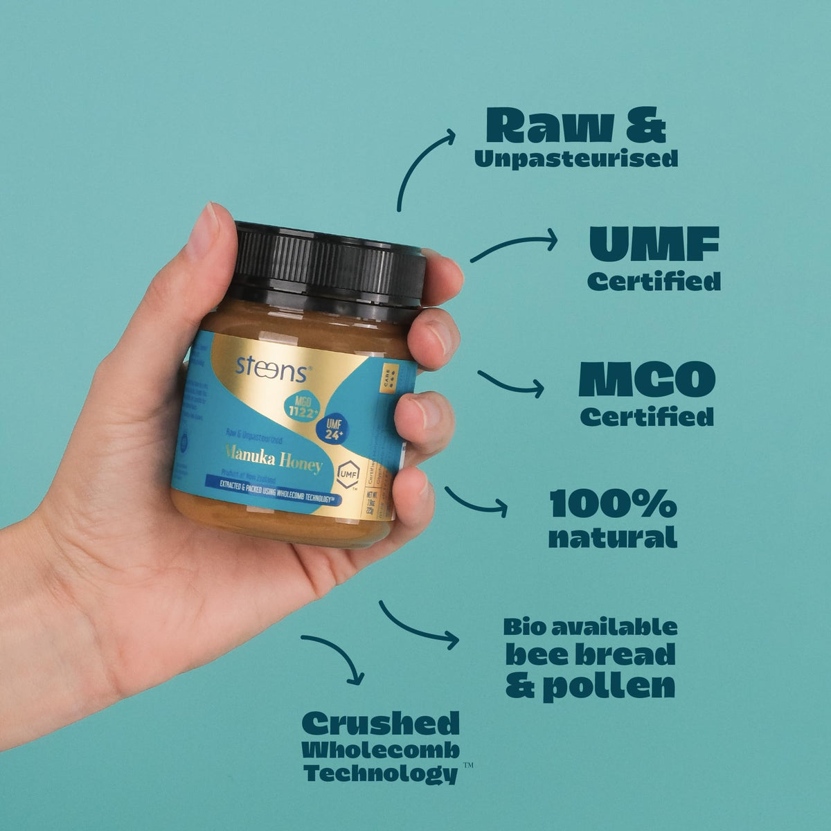 Steens Manuka Honey pour shot, silky flow great for tea or toppings.