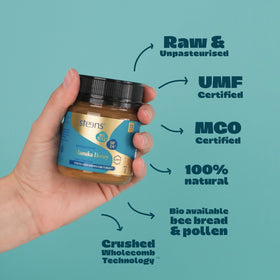 Steens Manuka Honey pour shot, silky flow great for tea or toppings.