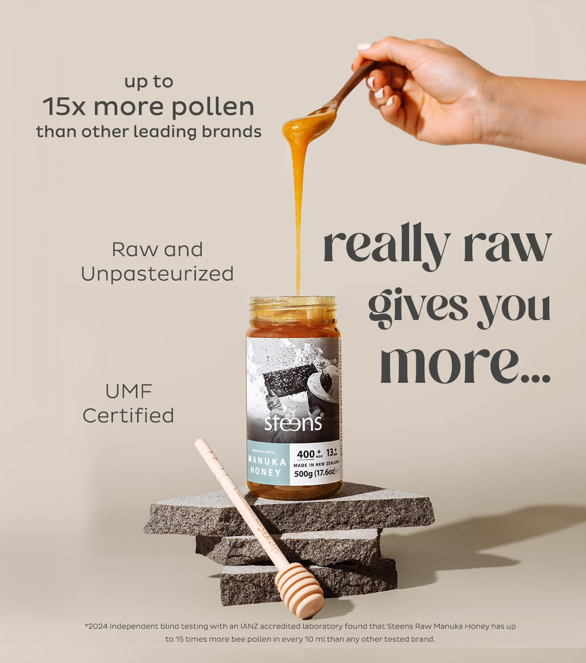 Steens Manuka Honey jar with UMF 13+ certification and authenticity