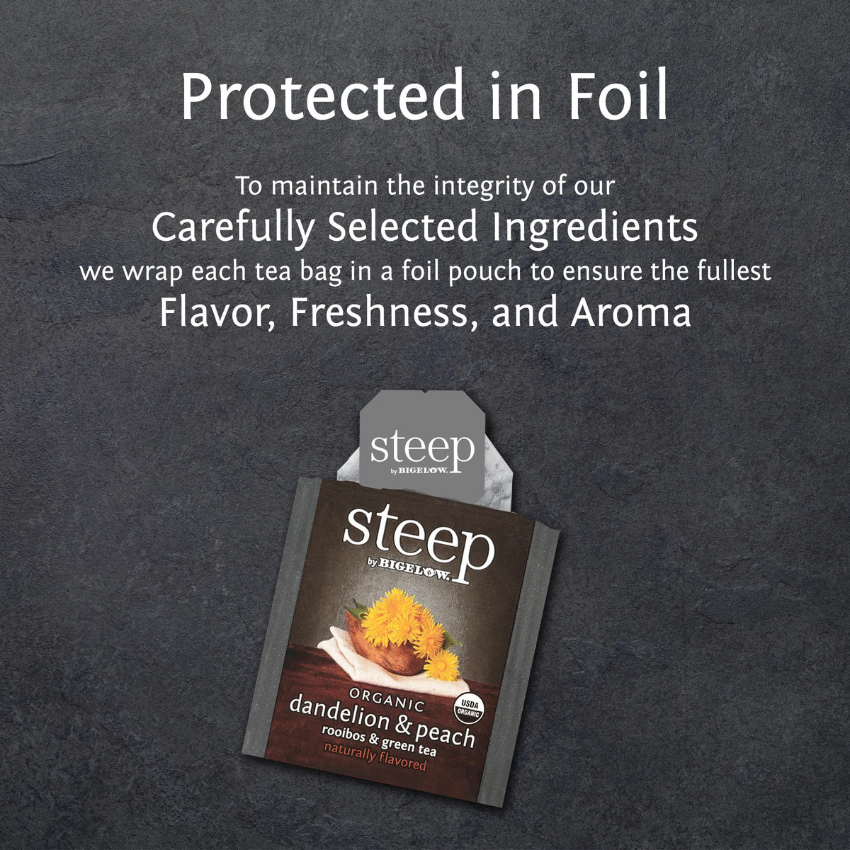 Green tea and dandelion peach aroma in a cup of Steep by Bigelow