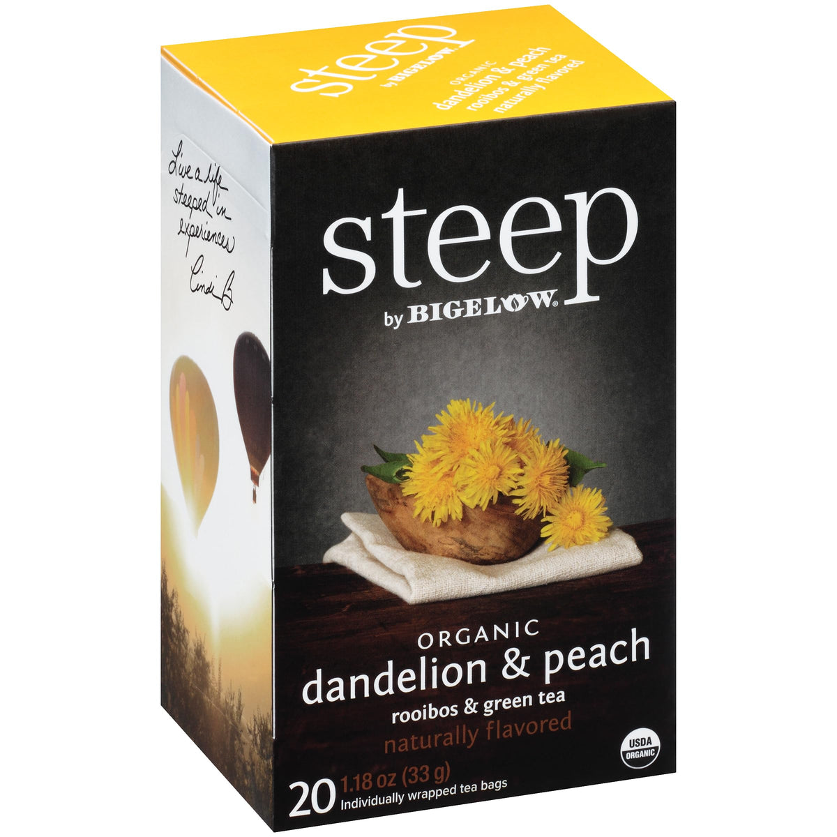 Bigelow Steep organic dandelion peach tea bag with golden tea inside