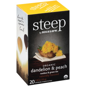 Bigelow Steep organic dandelion peach tea bag with golden tea inside