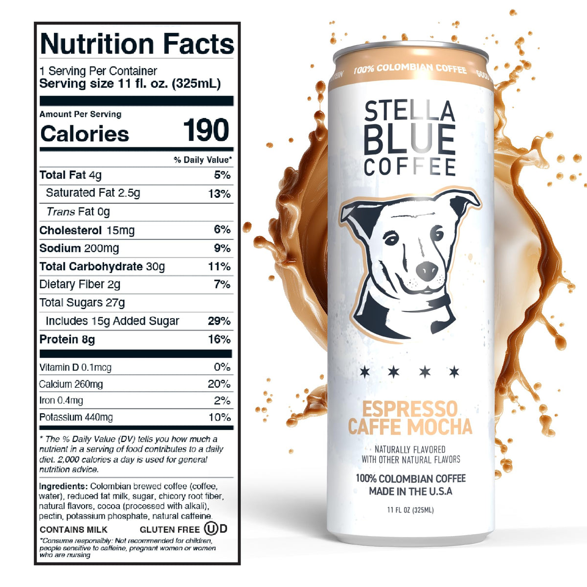 Stella Blue 100% Colombian coffee visual emphasizing rich flavor.