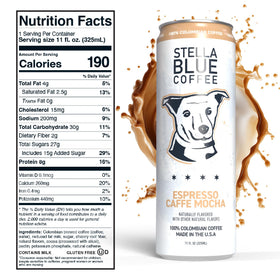 Stella Blue 100% Colombian coffee visual emphasizing rich flavor.