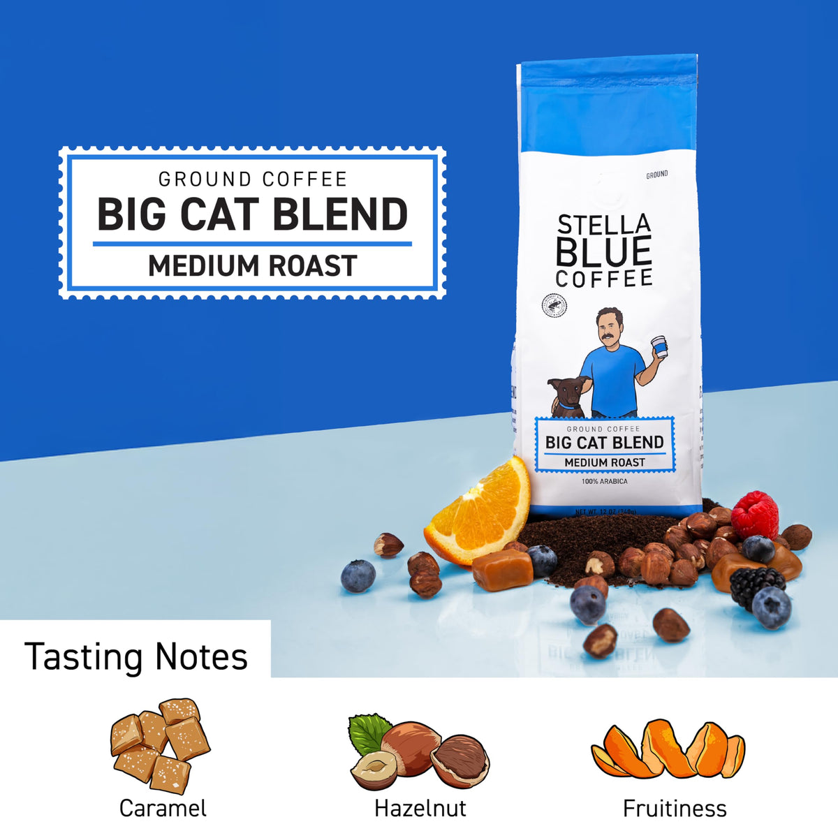 Stella Blue Big Cat Blend beans close-up with rich aroma.