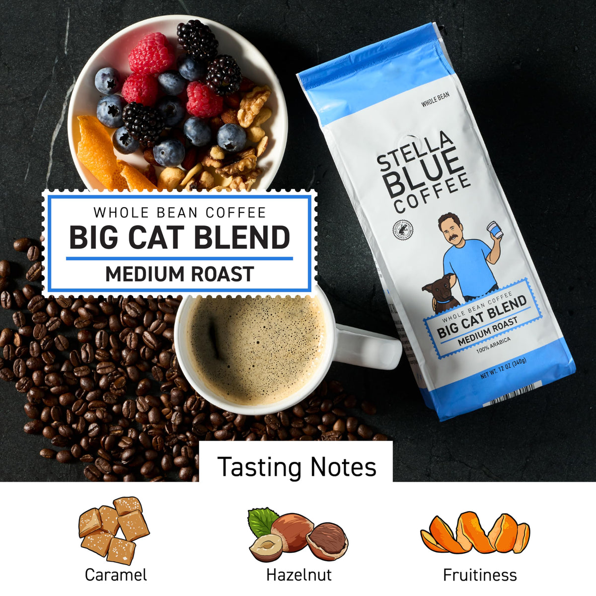 Stella Blue Big Cat Blend coffee bag label reflecting ethical sourcing.