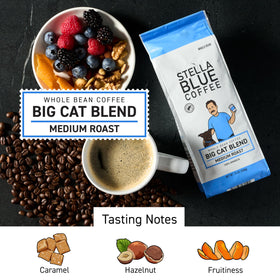 Stella Blue Big Cat Blend coffee bag label reflecting ethical sourcing.