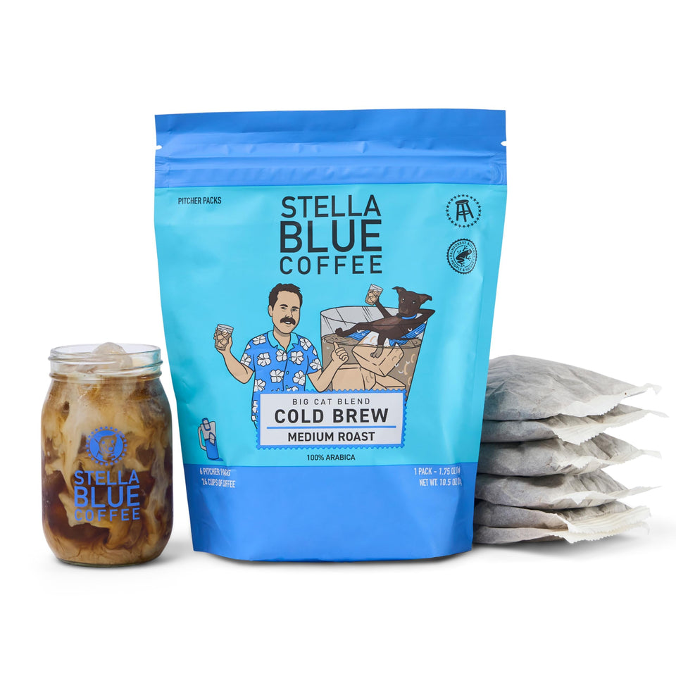 Stella Blue Big Cat Blend coffee bag ready for convenient cold brew.