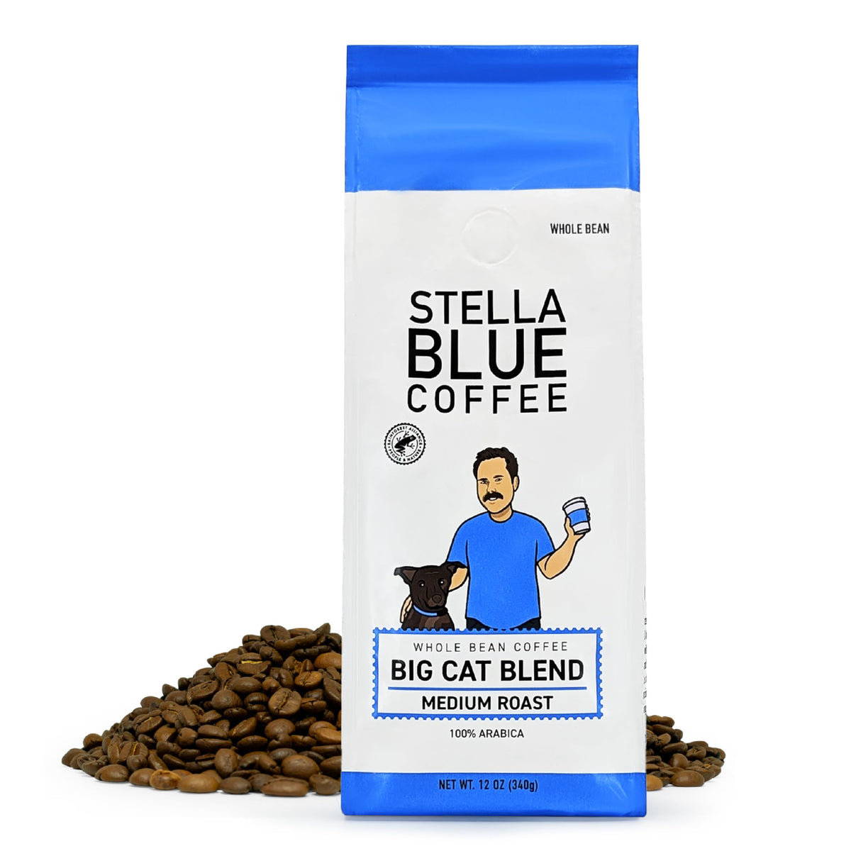 Stella Blue Big Cat Blend whole bean bag for rich aroma and smooth coffee.