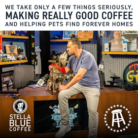 Stella Blue brand packaging and coffee cup with beans, premium image.